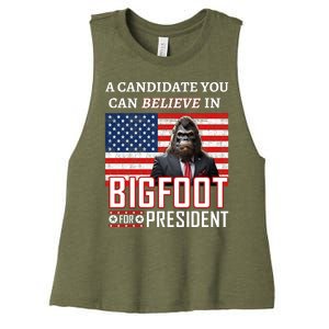 A Candidate You Can Believe In. Bigfoot For President Women's Racerback Cropped Tank