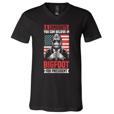 A Candidate You Can Believe In Bigfoot For President 2024 V-Neck T-Shirt