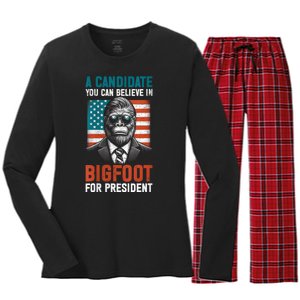 A Candidate You Can Believe In Bigfoot For President 2024 Women's Long Sleeve Flannel Pajama Set 