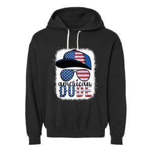 American Dude 4th of July USA Flag Glasses American Family Garment-Dyed Fleece Hoodie