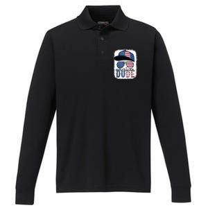 American Dude 4th of July USA Flag Glasses American Family Performance Long Sleeve Polo