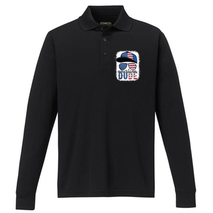 American Dude 4th of July USA Flag Glasses American Family Performance Long Sleeve Polo