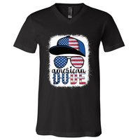 American Dude 4th of July USA Flag Glasses American Family V-Neck T-Shirt