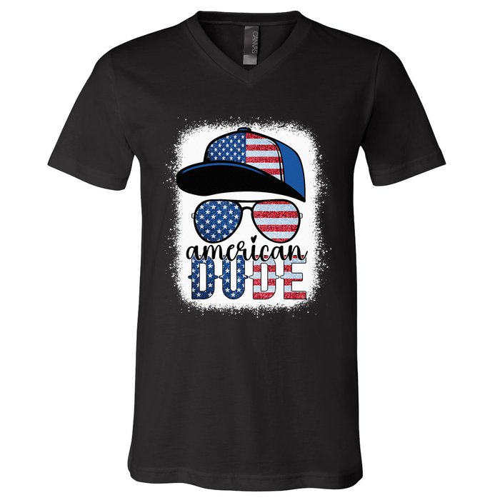 American Dude 4th of July USA Flag Glasses American Family V-Neck T-Shirt