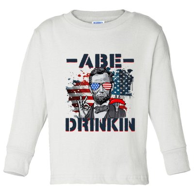 Abe Drinkin 4th Of July President Drinking Funny Toddler Long Sleeve Shirt