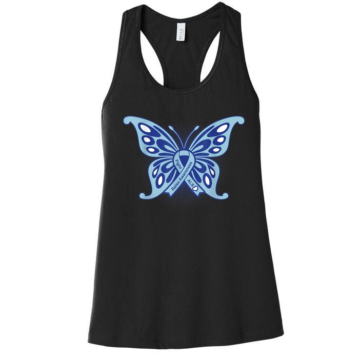 ALS Disease Awareness. Blue Ribbon Gift Women's Racerback Tank