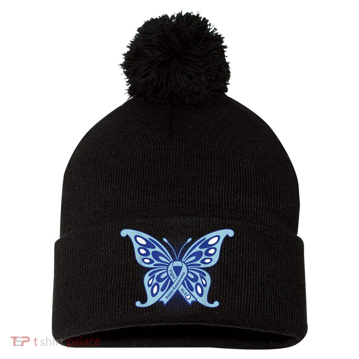 ALS Disease Awareness. Blue Ribbon Gift Pom Pom 12in Knit Beanie