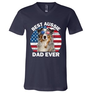 Aussie Dad American Flag Australian Shepherd Dog Lover V-Neck T-Shirt