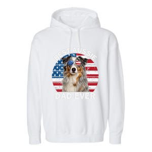 Aussie Dad American Flag Australian Shepherd Dog Lover Garment-Dyed Fleece Hoodie