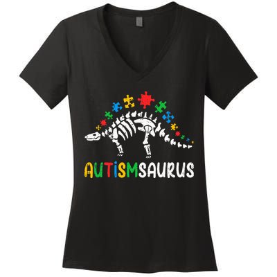 Autismsaurus Dinosaur Autism Awareness Women's V-Neck T-Shirt