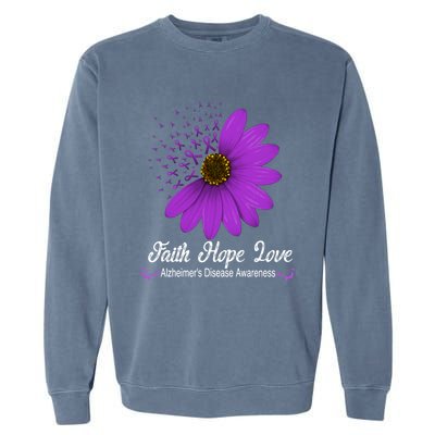 Alzheimer's Disease Awareness Faith Hope Love Purple Ribbon Great Gift Garment-Dyed Sweatshirt