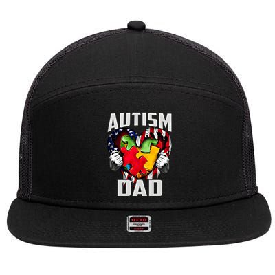 Autism Dad Awareness Love Heart Usa Flag Puzzle Piece Father Gift 7 Panel Mesh Trucker Snapback Hat