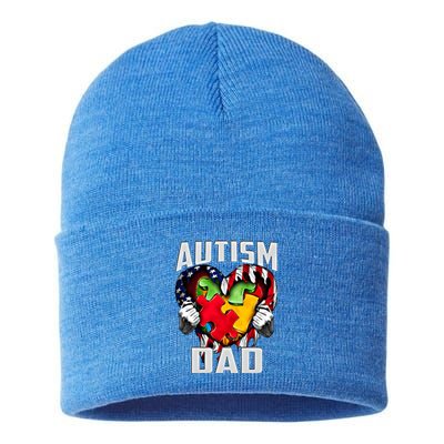 Autism Dad Awareness Love Heart Usa Flag Puzzle Piece Father Gift Sustainable Knit Beanie