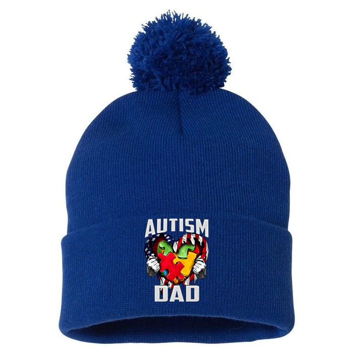 Autism Dad Awareness Love Heart Usa Flag Puzzle Piece Father Gift Pom Pom 12in Knit Beanie