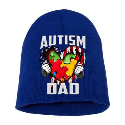 Autism Dad Awareness Love Heart Usa Flag Puzzle Piece Father Gift Short Acrylic Beanie