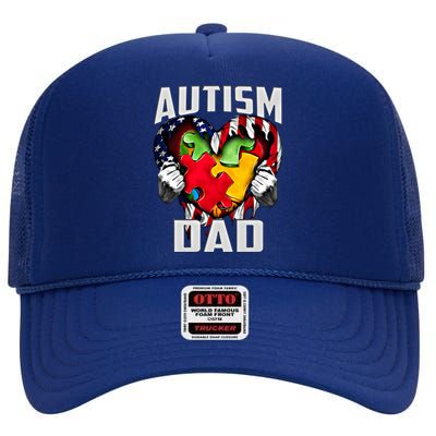 Autism Dad Awareness Love Heart Usa Flag Puzzle Piece Father Gift High Crown Mesh Back Trucker Hat