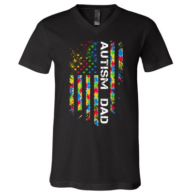 Autism Dad Awareness American Flag USA V-Neck T-Shirt