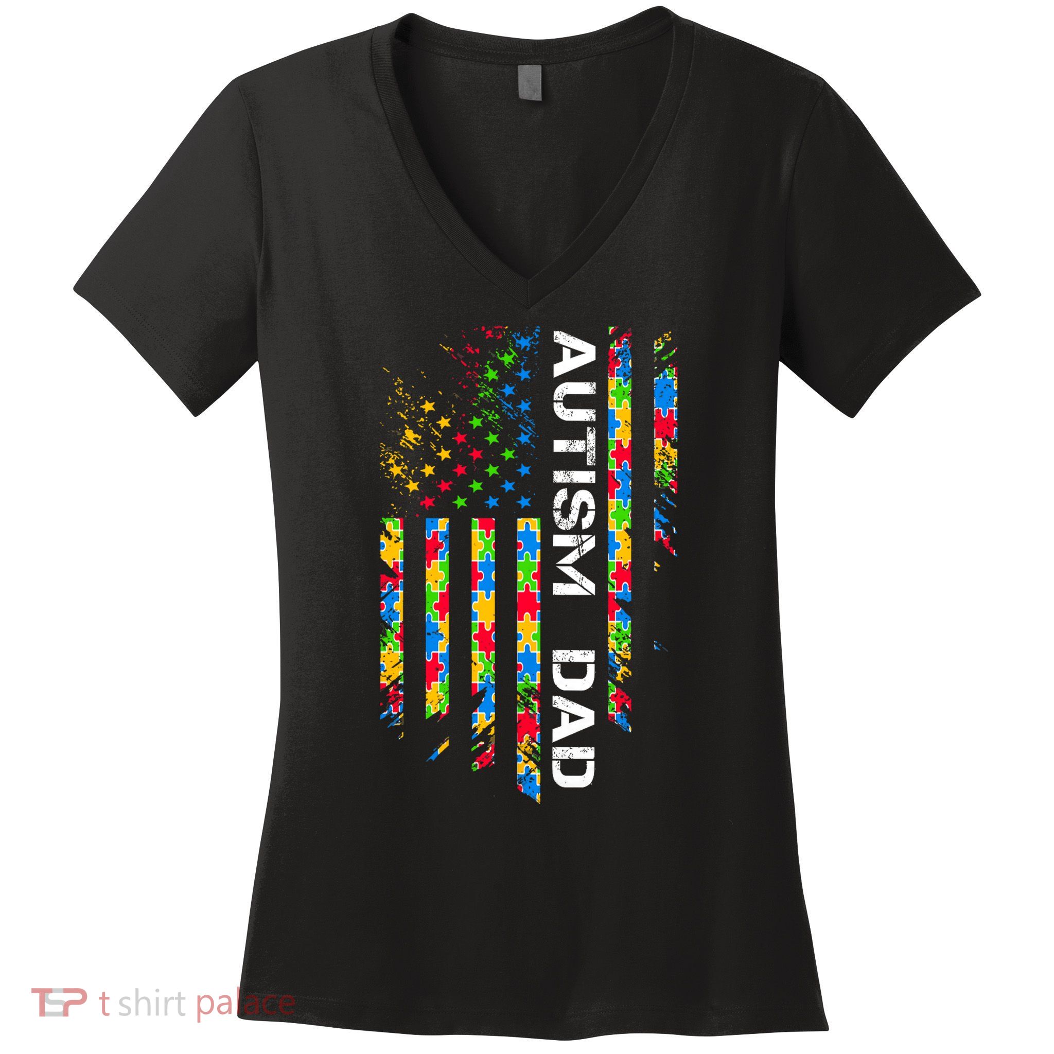 Autism Dad Awareness American Flag USA Women's V-Neck T-Shirt