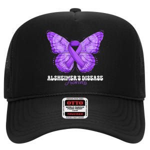 Alzheimers Disease Awareness Month Purple Ribbon Butterfly High Crown Mesh Back Trucker Hat