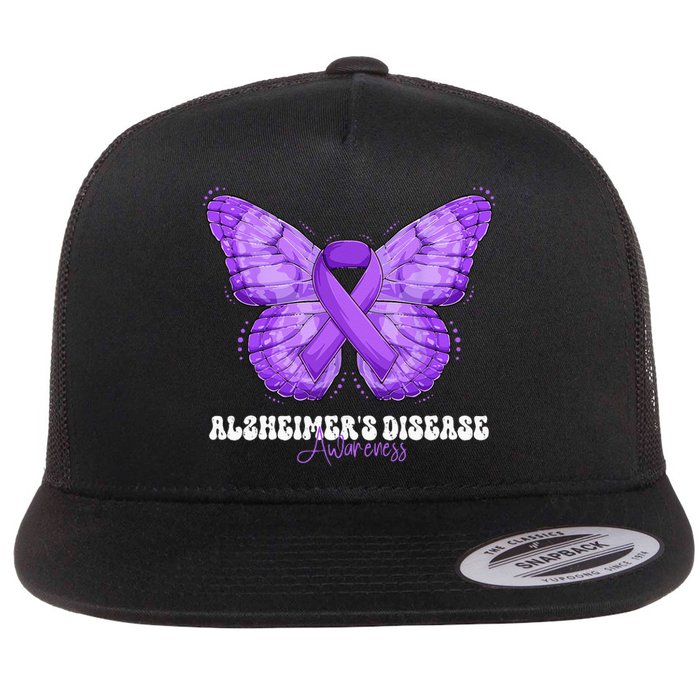 Alzheimers Disease Awareness Month Purple Ribbon Butterfly Flat Bill Trucker Hat