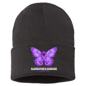 Alzheimers Disease Awareness Month Purple Ribbon Butterfly Sustainable Knit Beanie