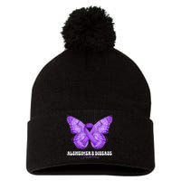 Alzheimers Disease Awareness Month Purple Ribbon Butterfly Pom Pom 12in Knit Beanie