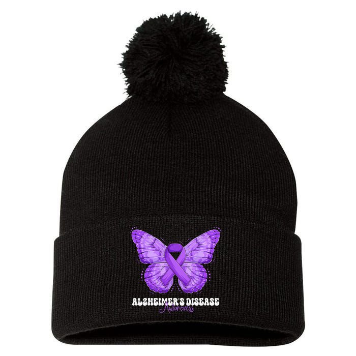 Alzheimers Disease Awareness Month Purple Ribbon Butterfly Pom Pom 12in Knit Beanie