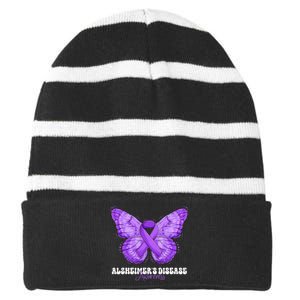 Alzheimers Disease Awareness Month Purple Ribbon Butterfly Striped Beanie with Solid Band