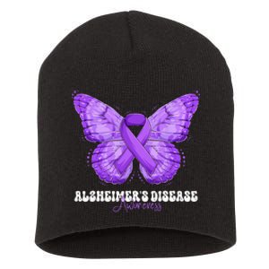 Alzheimers Disease Awareness Month Purple Ribbon Butterfly Short Acrylic Beanie