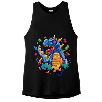 Autism Dinosaur And Puzzle Pieces Ladies PosiCharge Tri-Blend Wicking Tank