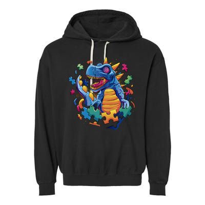 Autism Dinosaur And Puzzle Pieces Garment-Dyed Fleece Hoodie