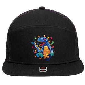 Autism Dinosaur And Puzzle Pieces 7 Panel Mesh Trucker Snapback Hat