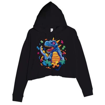 Autism Dinosaur And Puzzle Pieces Crop Fleece Hoodie