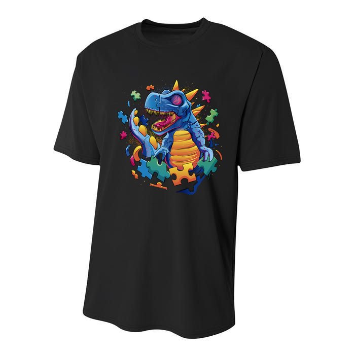 Autism Dinosaur And Puzzle Pieces Youth Performance Sprint T-Shirt