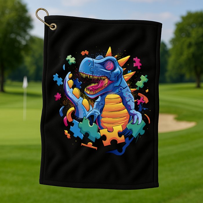 Autism Dinosaur And Puzzle Pieces Golf Towel