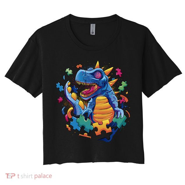 Autism Dinosaur And Puzzle Pieces Crop Top