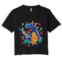 Autism Dinosaur And Puzzle Pieces Crop Top
