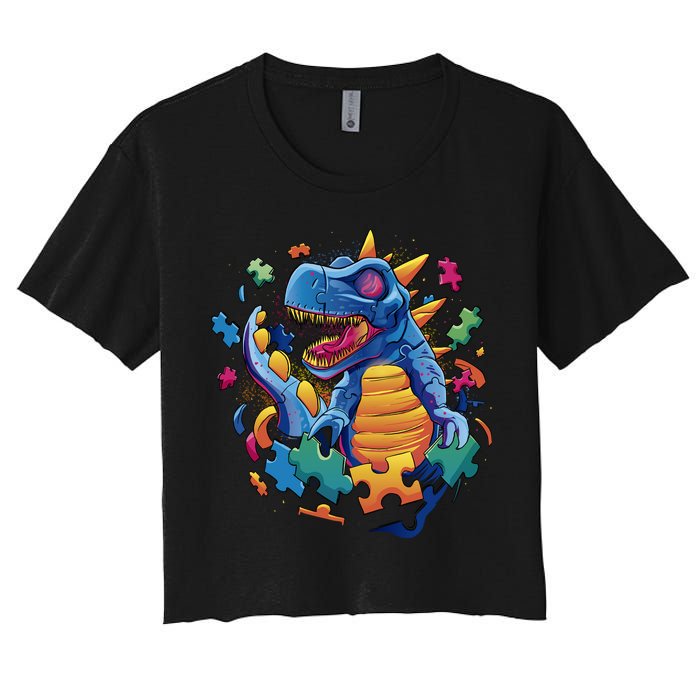 Autism Dinosaur And Puzzle Pieces Crop Top