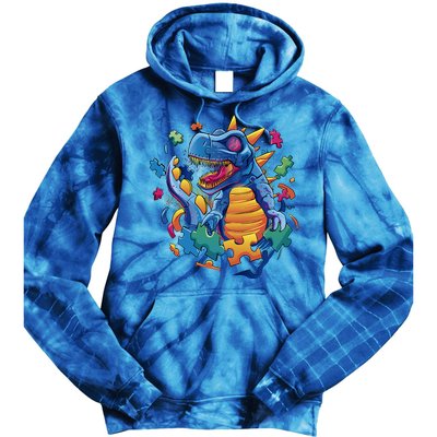 Autism Dinosaur And Puzzle Pieces Tie Dye Hoodie