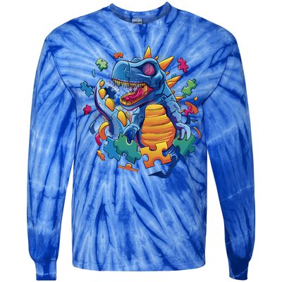 Autism Dinosaur And Puzzle Pieces Tie-Dye Long Sleeve Shirt