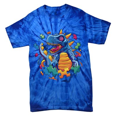 Autism Dinosaur And Puzzle Pieces Tie-Dye T-Shirt