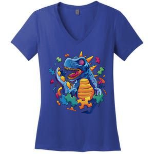 Autism Dinosaur And Puzzle Pieces Women's V-Neck T-Shirt