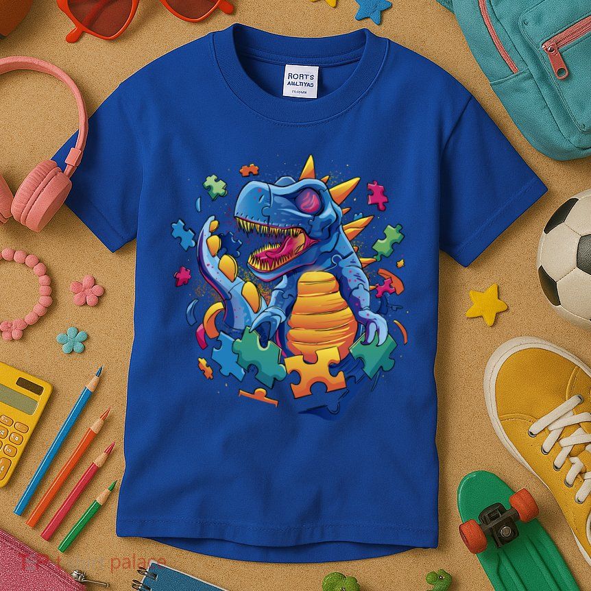 Autism Dinosaur And Puzzle Pieces Kids T-Shirt