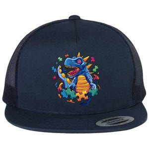 Autism Dinosaur And Puzzle Pieces Flat Bill Trucker Hat