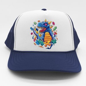 Autism Dinosaur And Puzzle Pieces Trucker Hat