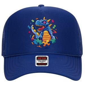 Autism Dinosaur And Puzzle Pieces High Crown Mesh Back Trucker Hat