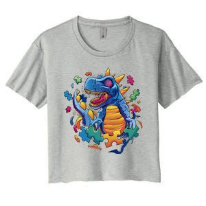 Autism Dinosaur And Puzzle Pieces Women's Crop Top Tee