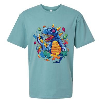 Autism Dinosaur And Puzzle Pieces Sueded Cloud Jersey T-Shirt