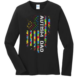 Autism Dad Awareness American Flag USA Ladies Long Sleeve Shirt