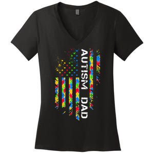 Autism Dad Awareness American Flag USA Women's V-Neck T-Shirt